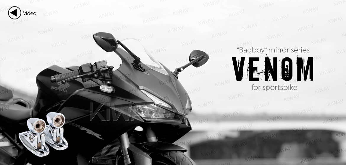 KiWAV motorcycle Venom Black Sportsbike Mirrors with chrome base for sportsbike