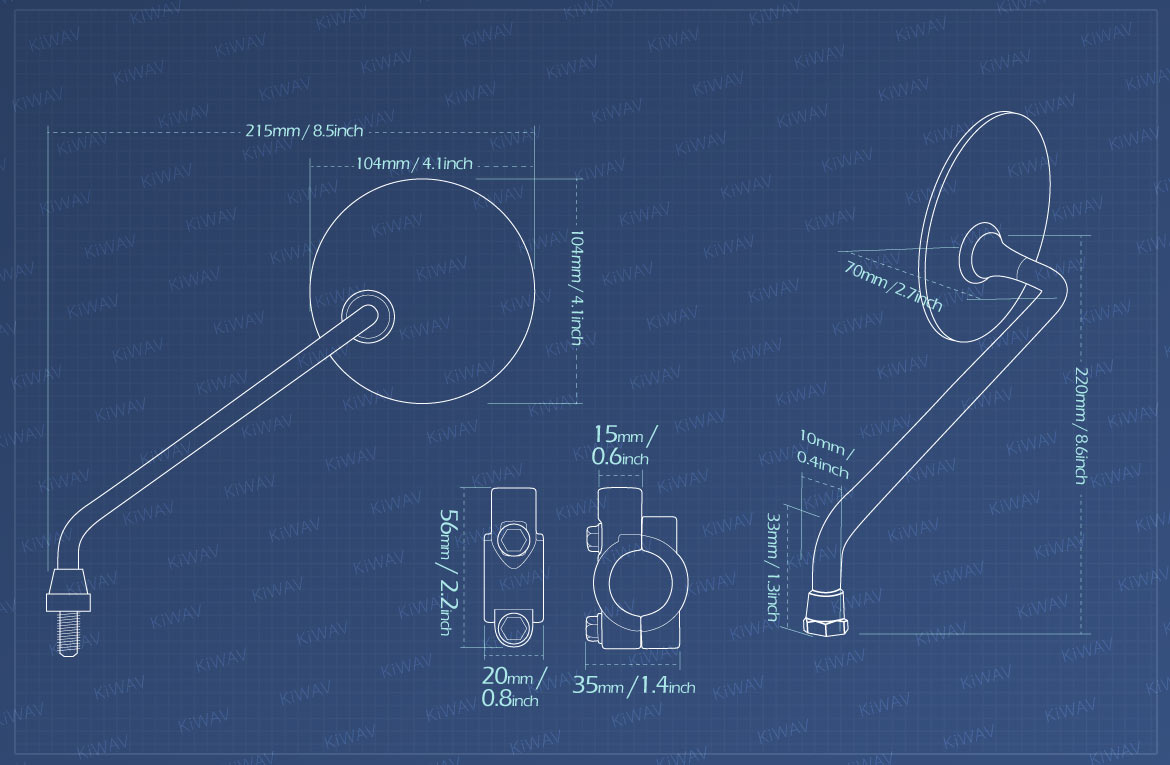 Measurement of KiWAV ATV rear view mirrors super round for 7/8 inch handlebar mount with clips