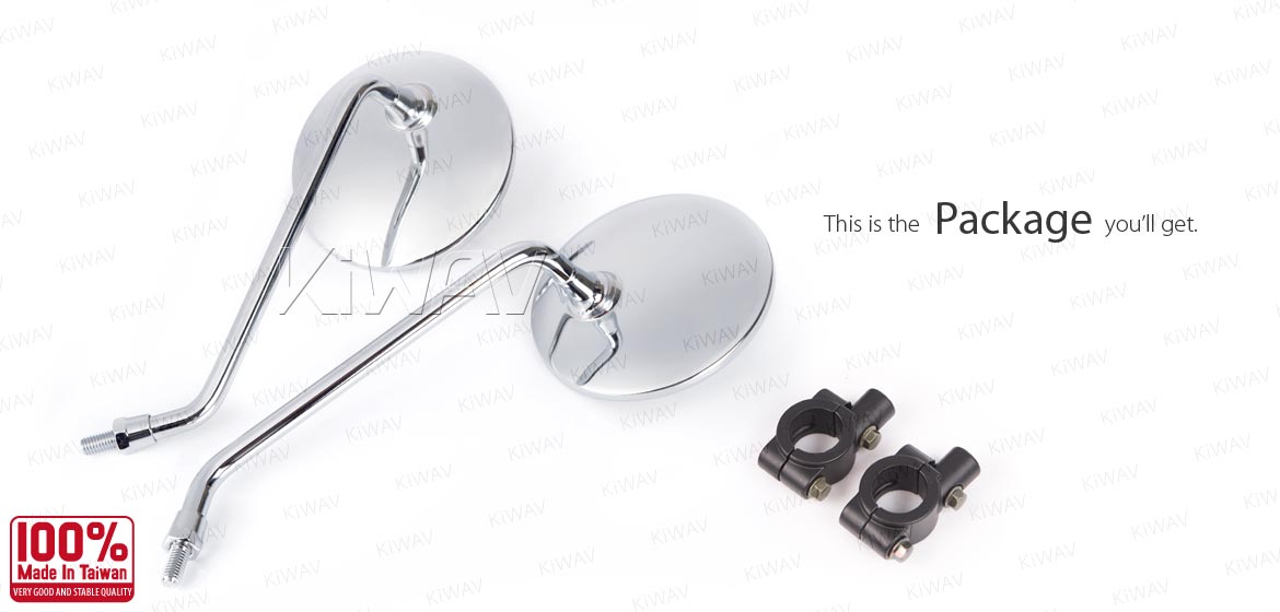 KiWAV ATV rear view mirrors super round chrome for 7/8 inch handlebar mount with black clips