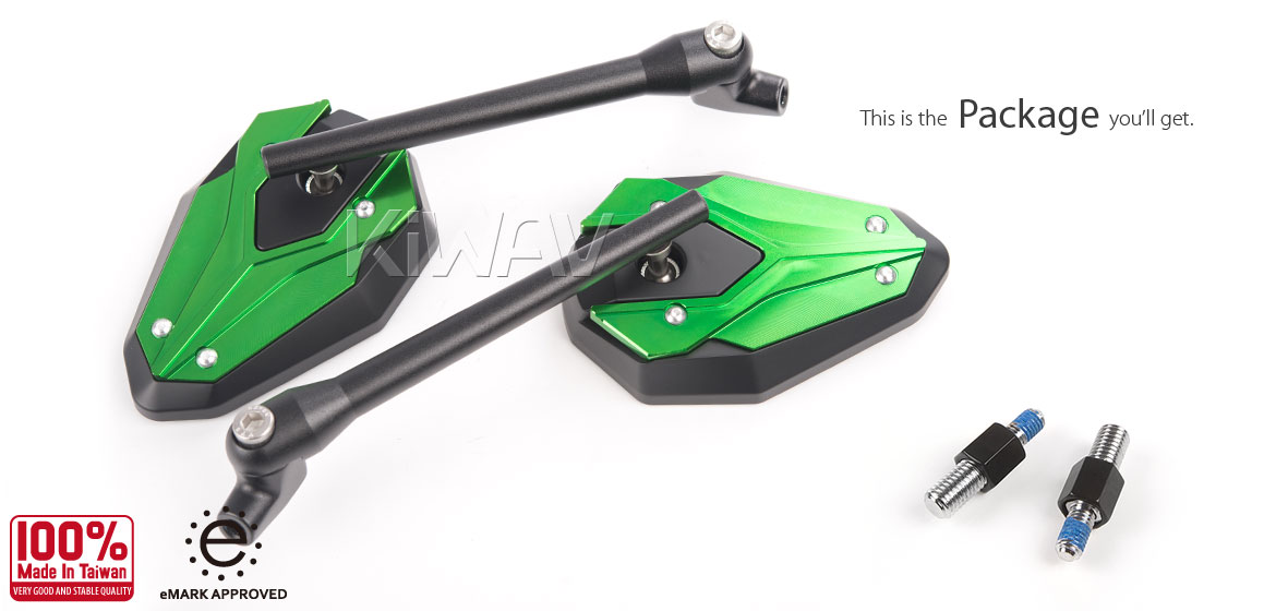 KiWAV ViperII green motorcycle mirrors compatible for most BMW bikes