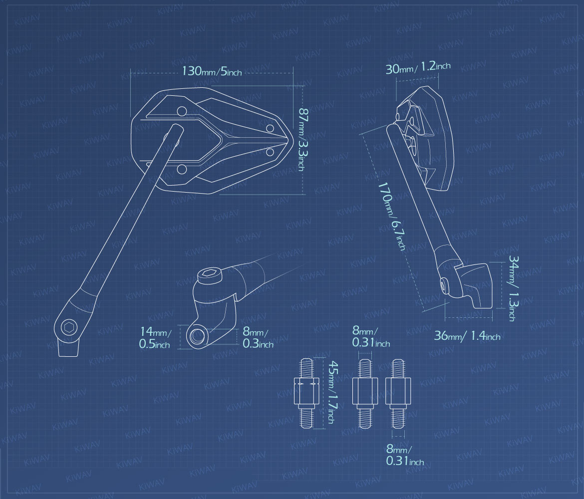 Measurement of KiWAV motorcycle mirrors ViperII universal fit for 8mm mirror thread