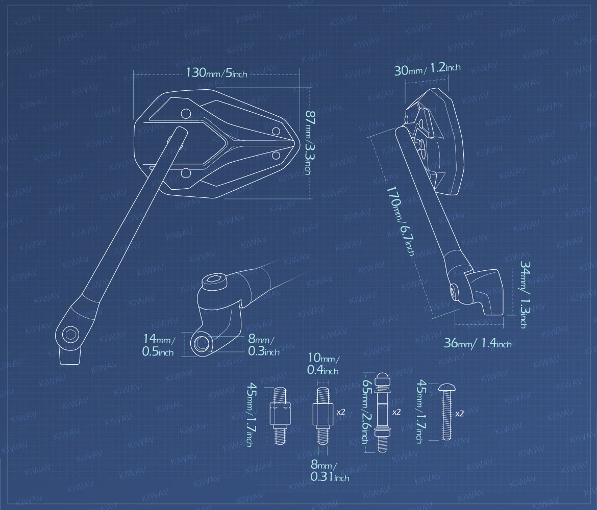 Measurement of KiWAV motorcycle mirrors ViperII universal fit for 10mm mirror thread and Harley Davidson