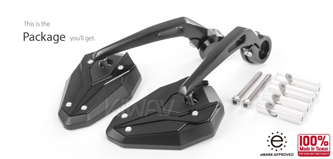 KiWAV motorcycle bar end mirrors ViperII black for 7/8 inch hollow end handlebars