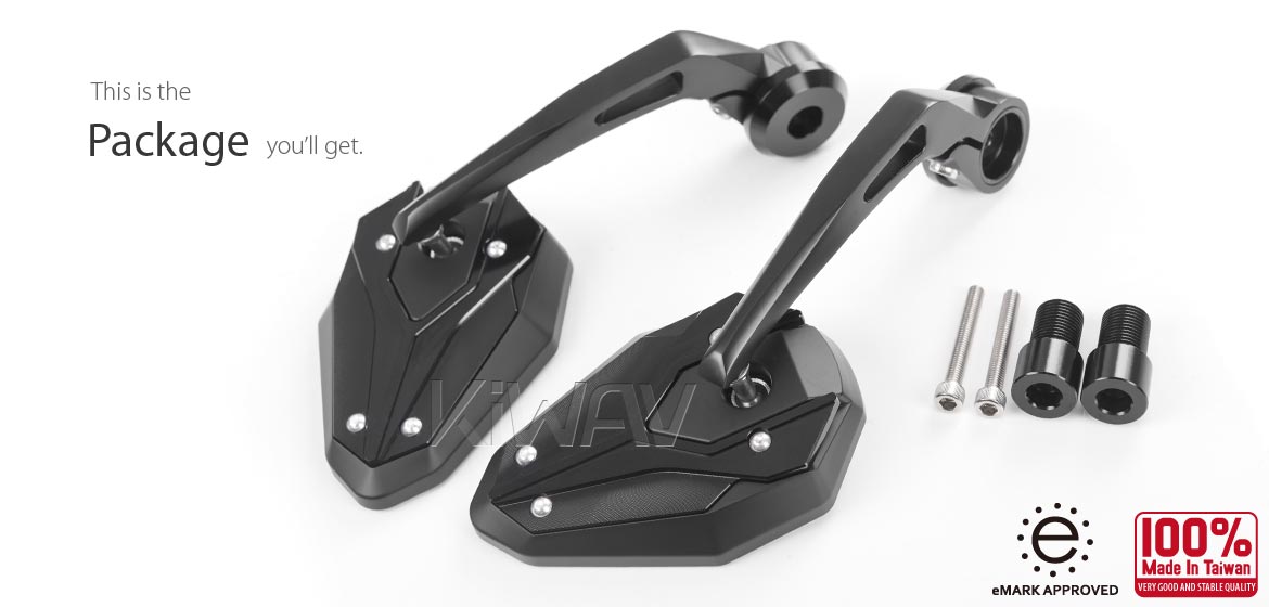 KiWAV motorcycle bar end mirrors with heavy weight ViperII black for Triumph air-cooled models with OEM handlebars
