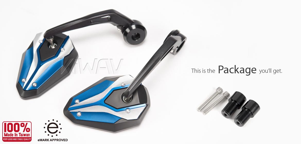 KiWAV motorcycle bar end mirrors with heavy weight ViperII blue for Triumph air-cooled models with OEM handlebars