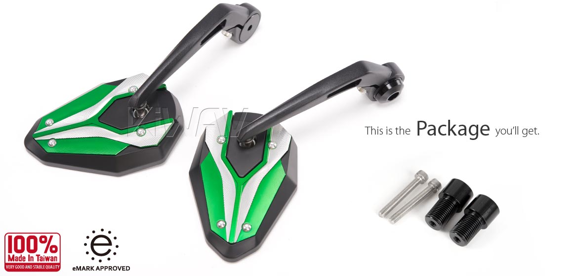 KiWAV motorcycle bar end mirrors ViperII green for Triumph air-cooled models with OEM handlebars