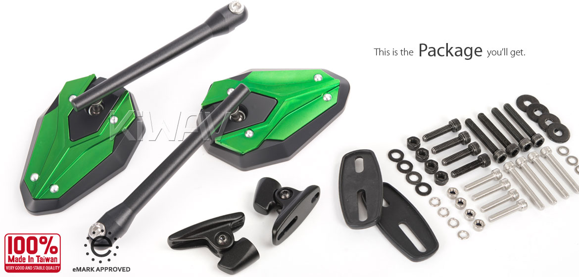 KiWAV motorcycle ViperII green fairing mount mirrors with black adapter for sportsbike