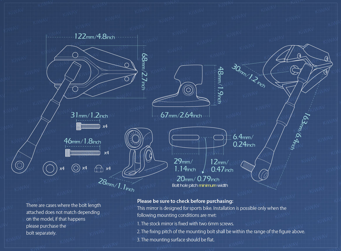 Measurement of KiWAV Viper motorcycle mirrors for sportsbike