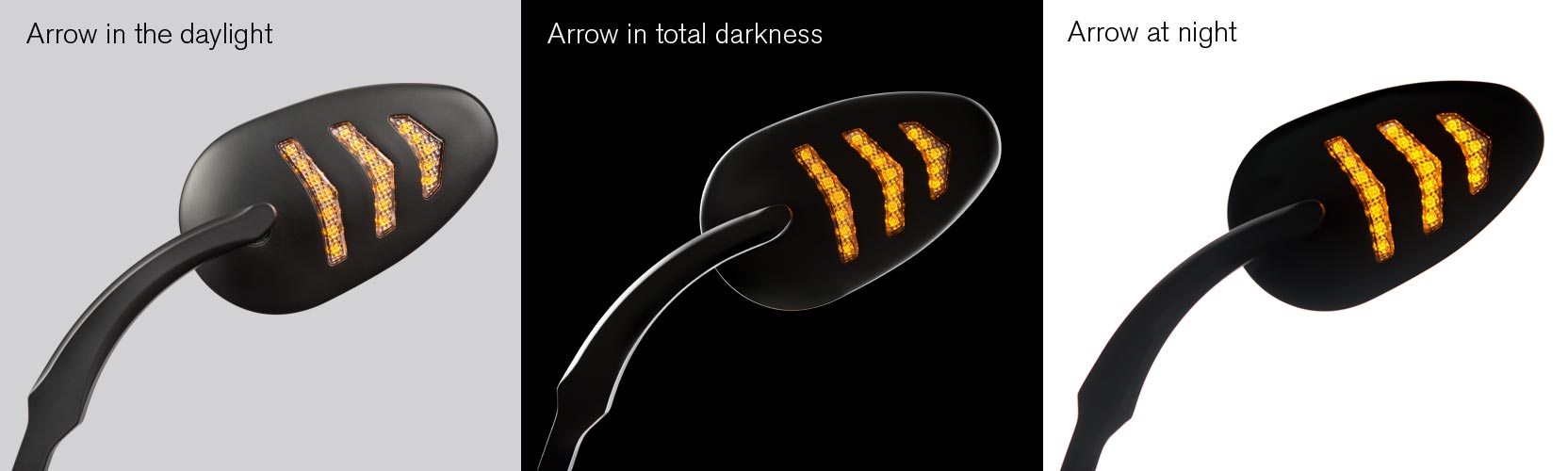 Arrow LED Motorcycle mirror turn signal, driving light, in the daylight, at night, in total darkness