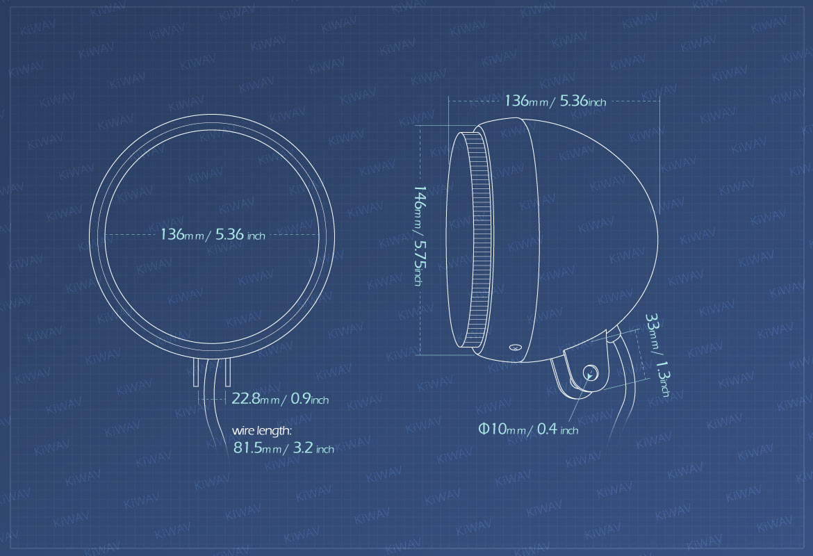 Measurement of KiWAV 5-3/4 inch HB5 65/55W SAE motorcycle headlight black bottom mount