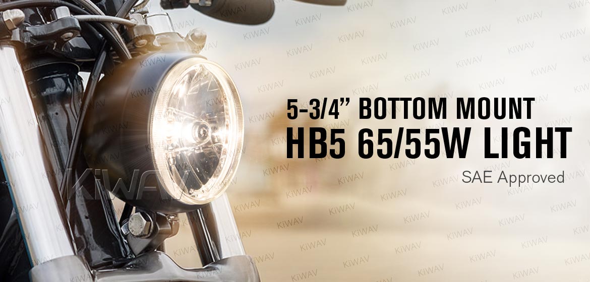 KiWAV 5-3/4 inch HB5 65/55W SAE motorcycle headlight black bottom mount