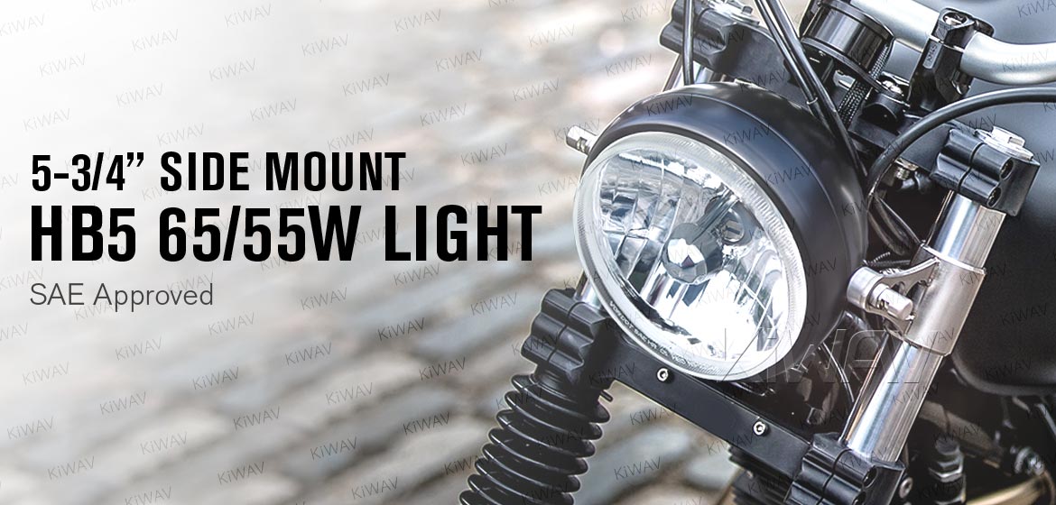 KiWAV 5-3/4 inch HB5 65/55W SAE motorcycle headlight black side mount