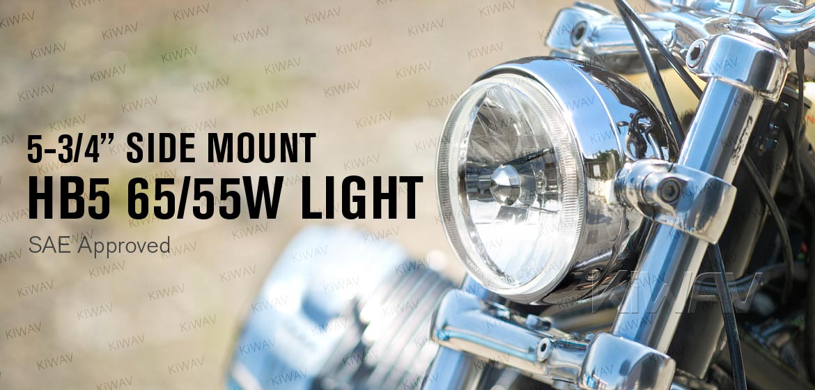KiWAV 5-3/4 inch HB5 65/55W SAE motorcycle headlight chrome side mount