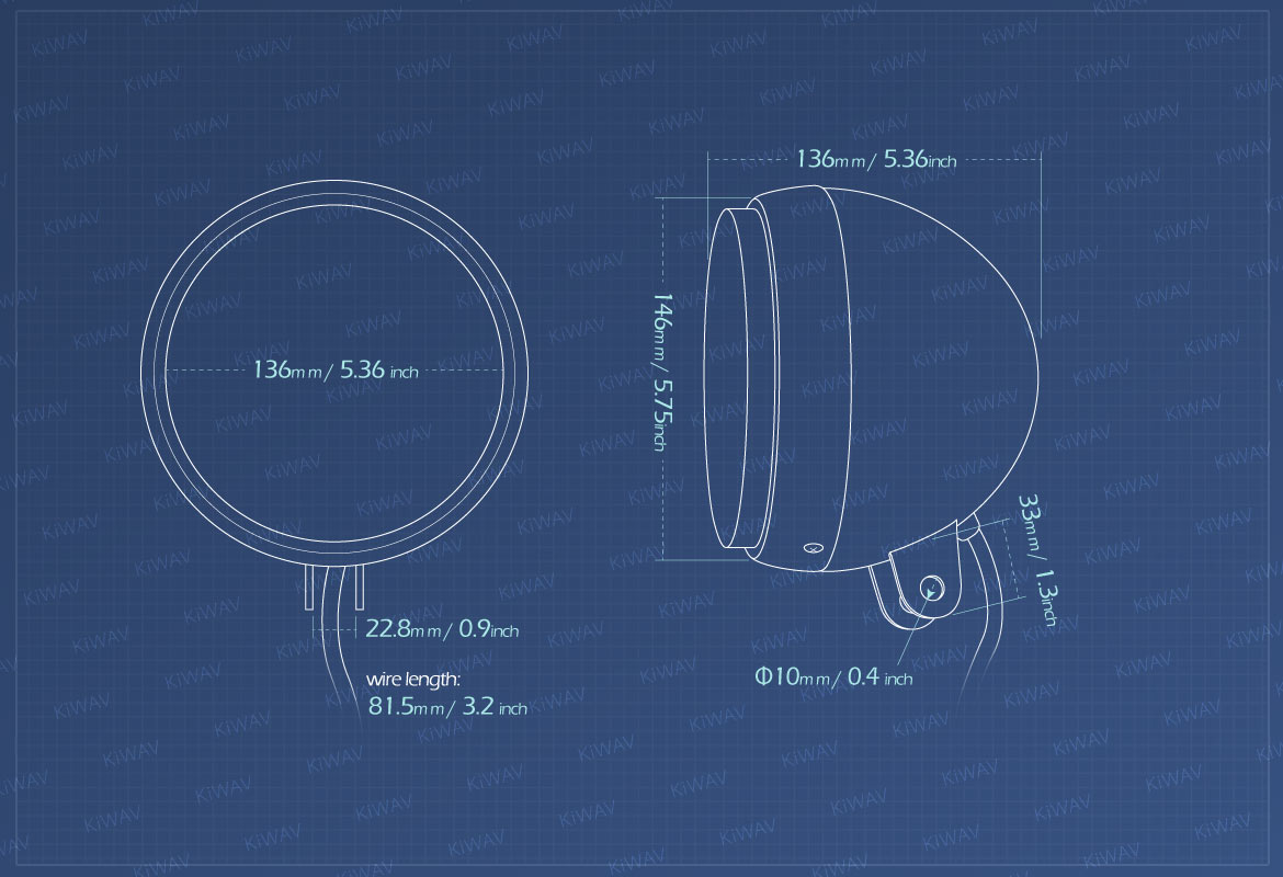 Measurement of KiWAV 5-3/4 inch H4 60/55W ECE right hand drive motorcycle headlight black bottom mount