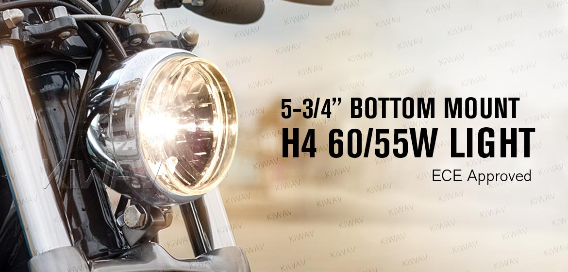 KiWAV 5-3/4 inch H4 60/55W ECE right hand drive motorcycle headlight chrome bottom mount