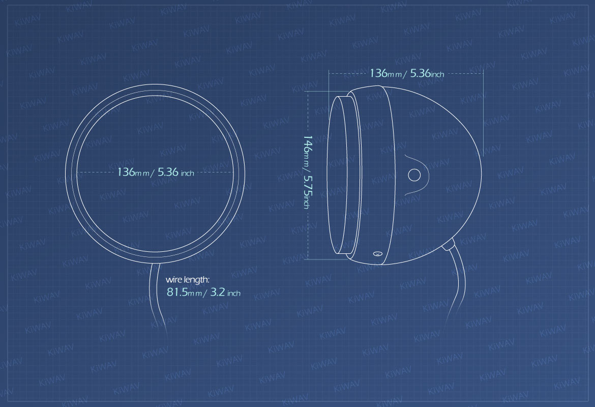 Measurement of KiWAV 5-3/4 inch H4 60/55W ECE left hand drive motorcycle headlight chrome side mount