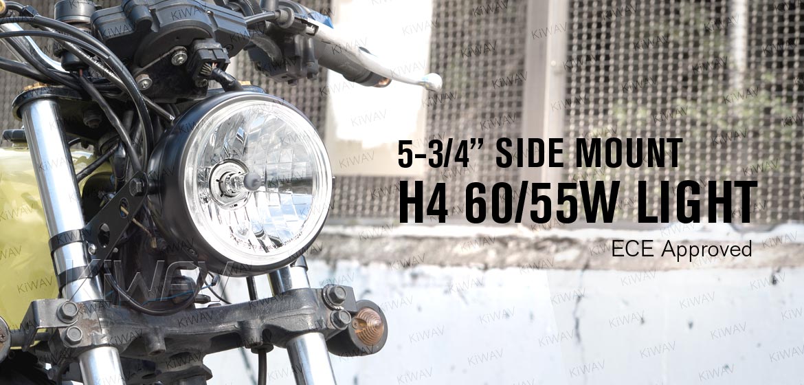 KiWAV 5-3/4 inch H4 60/55W ECE right hand drive motorcycle headlight black side mount