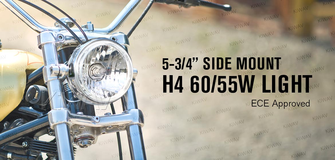 KiWAV 5-3/4 inch H4 60/55W ECE right hand drive motorcycle headlight chrome side mount