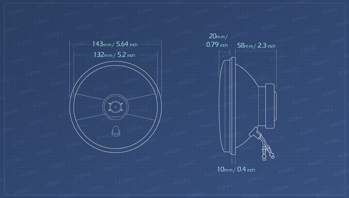 Measurement of KiWAV 5-3/4 inch H4 60/55W ECE right hand drive headlight lens unit