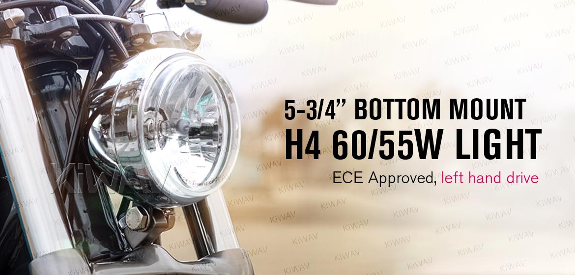 KiWAV 5-3/4 inch H4 60/55W ECE left hand drive motorcycle headlight chrome bottom mount