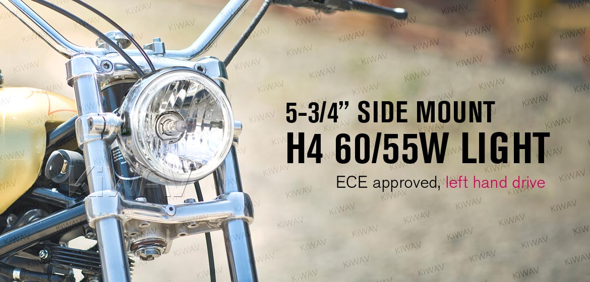 KiWAV 5-3/4 inch H4 60/55W ECE left hand drive motorcycle headlight chrome side mount