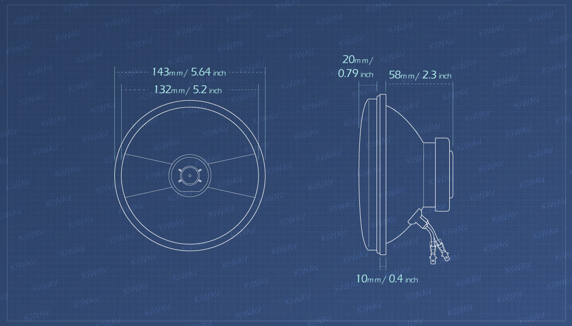 Measurement of KiWAV 5-3/4 inch H4 60/55W ECE left hand drive headlight lens unit