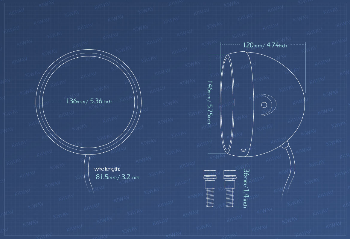 Measurement of KiWAV 5-3/4 inch side mount motorcycle headlight bucket