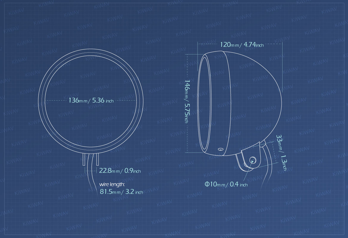 Measurement of KiWAV 5-3/4 inch bottom mount motorcycle headlight bucket