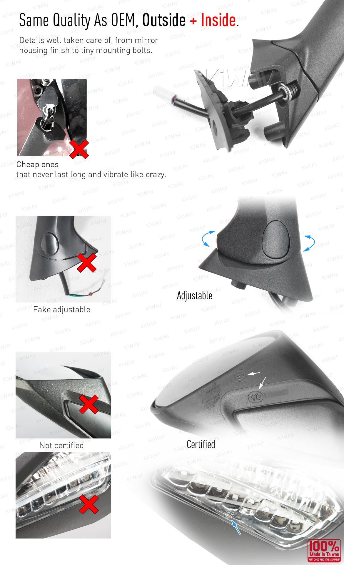 KiWAV OEM quality replacement mirror FD-939 for Ducati Panigale 1199 black with LED turn signal