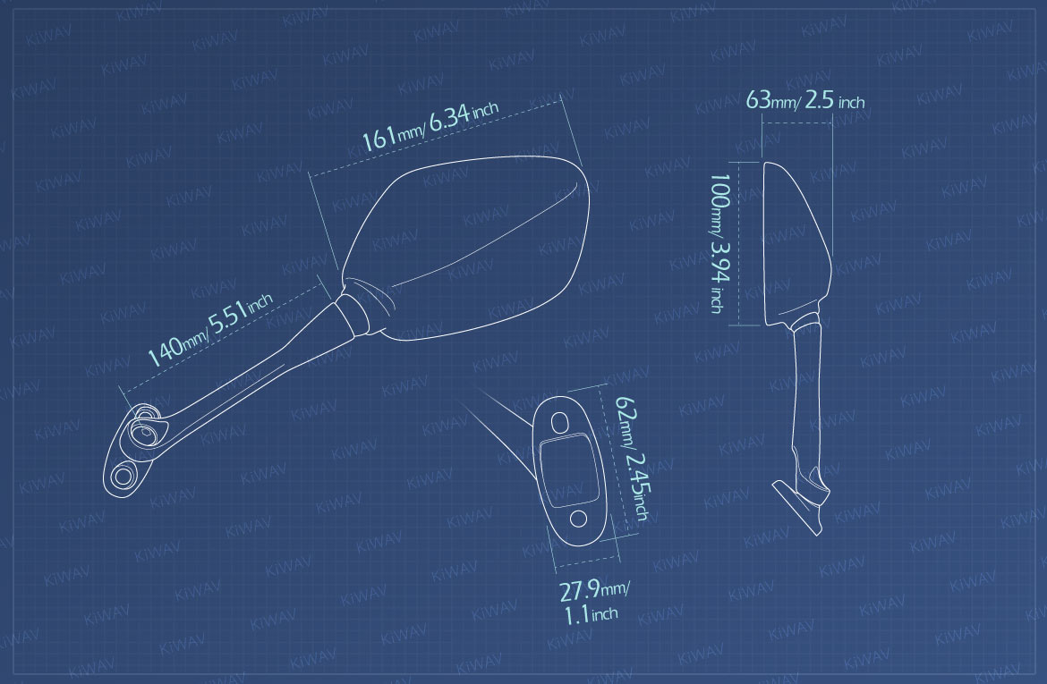 Measurement of KiWAV OEM replacement mirror FH982 for Honda CBR 300R 14'-16' left hand