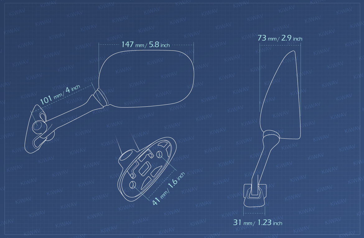Measurement of KiWAV OEM replacement mirror FS142 for Suzuki GSXR 1000 '01-'02 left hand