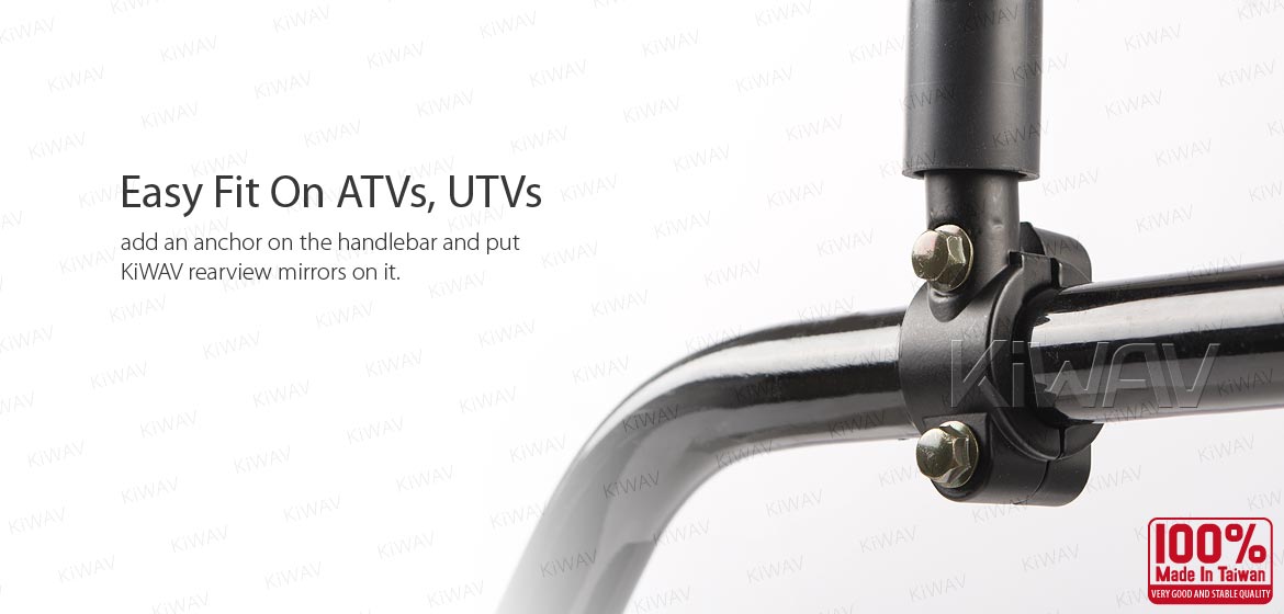 KiWAV ATV rear view mirrors black for 7/8 inch handlebar mount with black aluminum clips