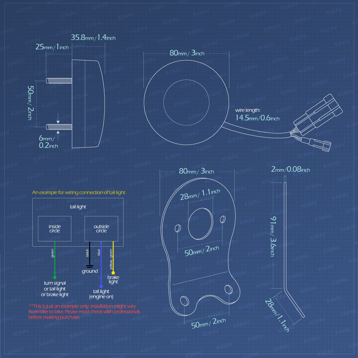 Measurement of LED Round Tail Light/Brake Light with black mounting bracket