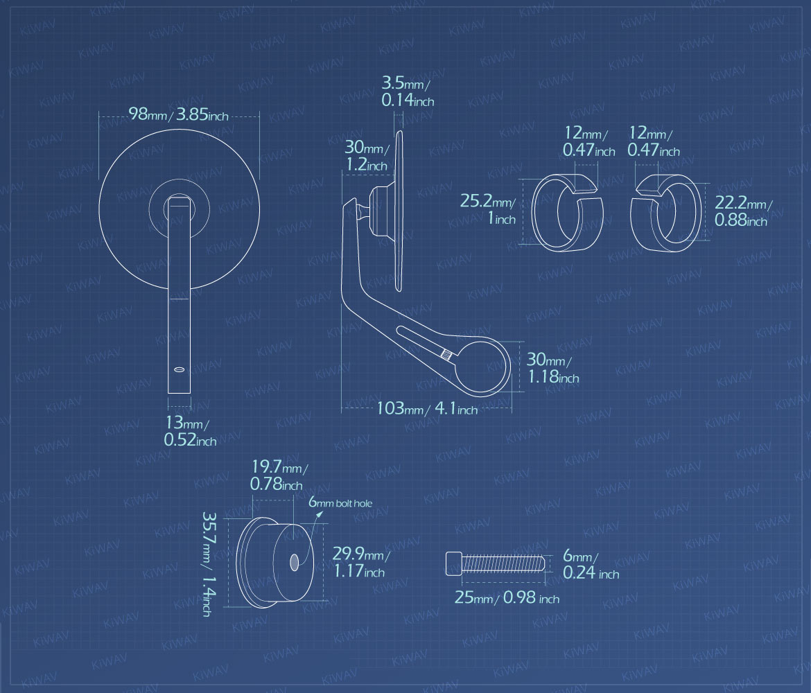 Measurement of KiWAV round bar end mirror Colin compatible for Moto Guzzi