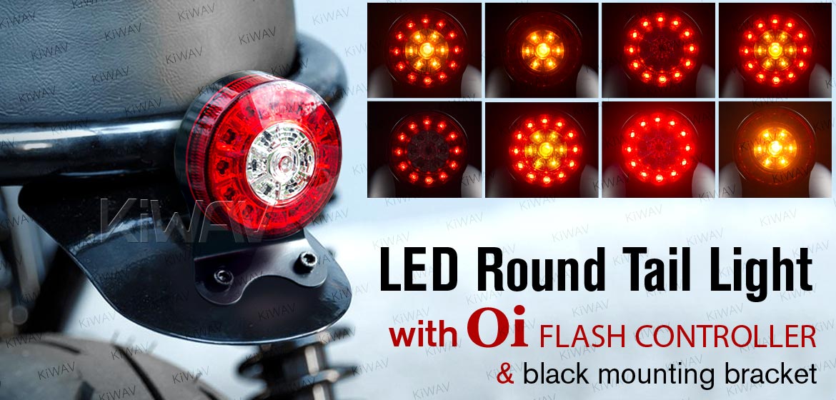 KiWAV LED round tail light with black mounting bracket, caps, Oi flash controller