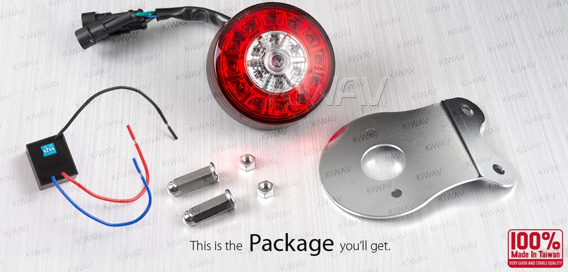 KiWAV LED round tail light with silver mounting bracket, caps, Oi flash controller
