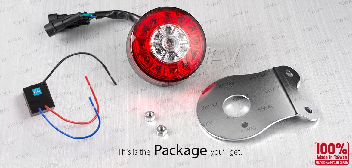 KiWAV LED round tail light with silver mounting bracket, Oi flash controller