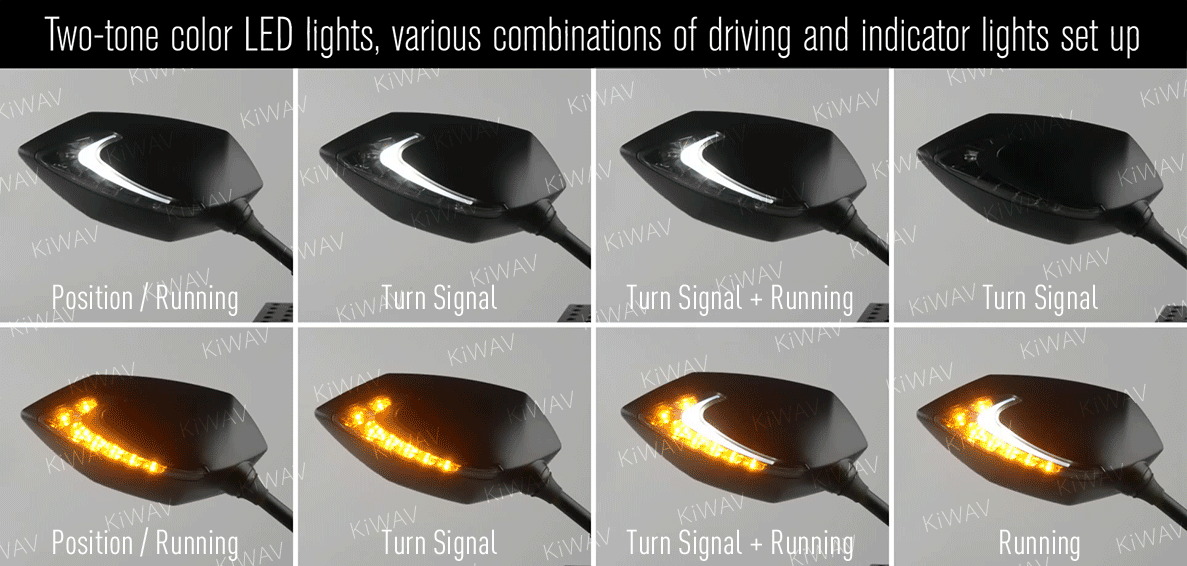 8 combinations of running and indicator lights set up - magazi Lucifer LED mirrors with KiWAV Oi flash controller