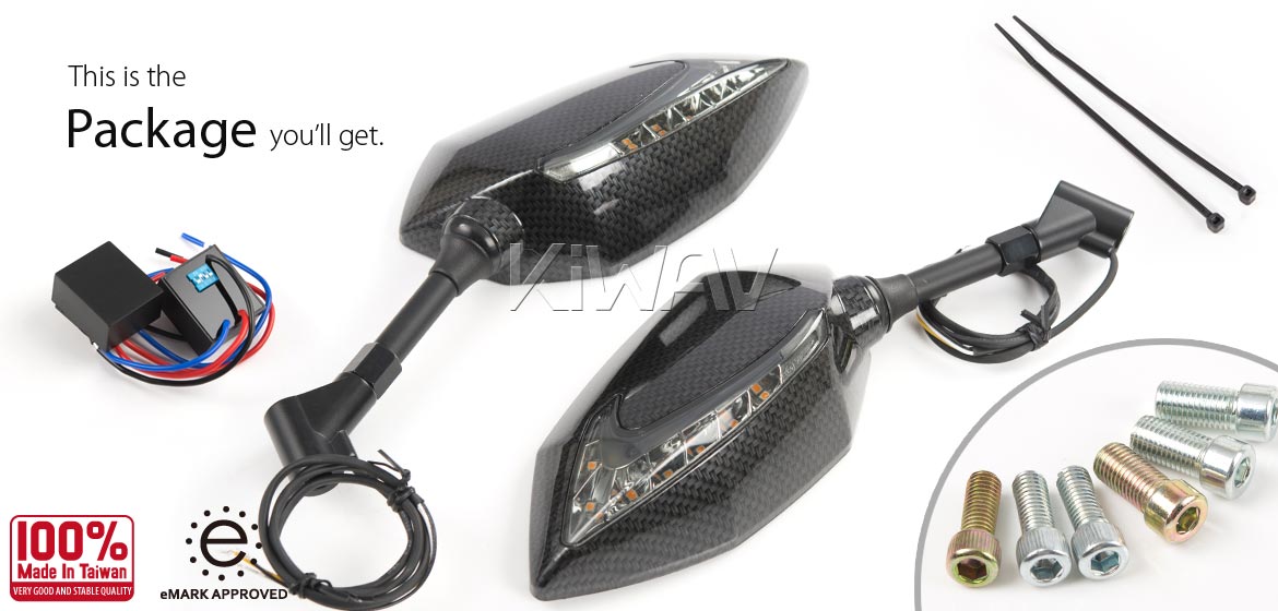 KiWAV Oi & Lucifer carbon LED motorcycle mirrors universal fit