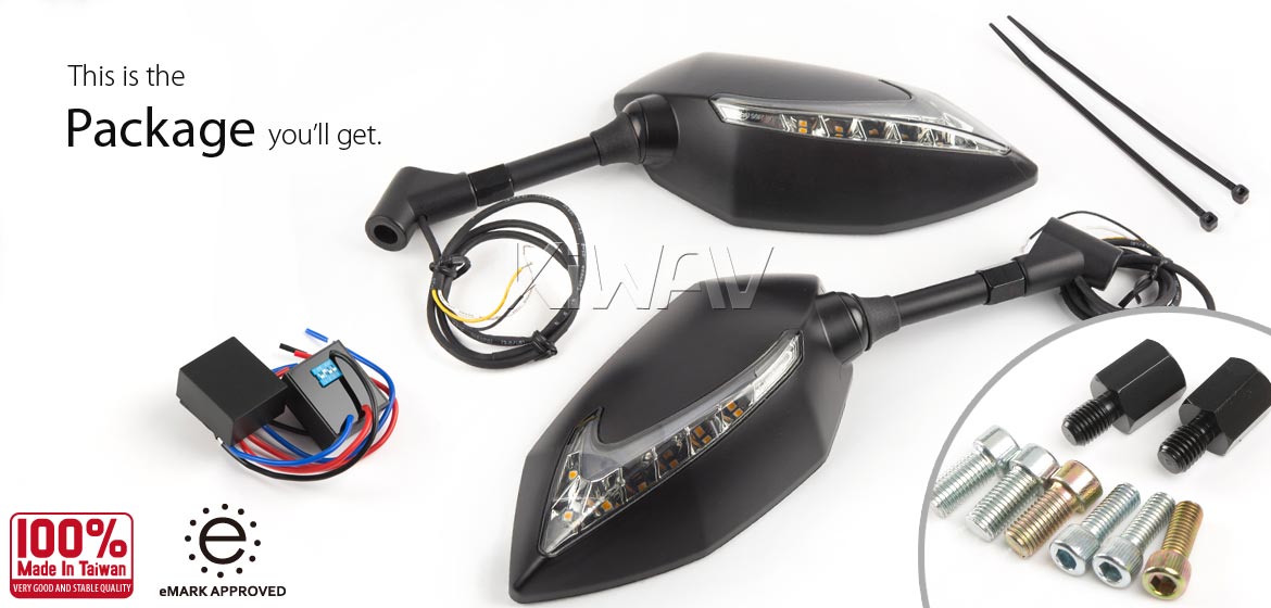 KiWAV Oi & Lucifer black LED motorcycle mirrors for BMW
