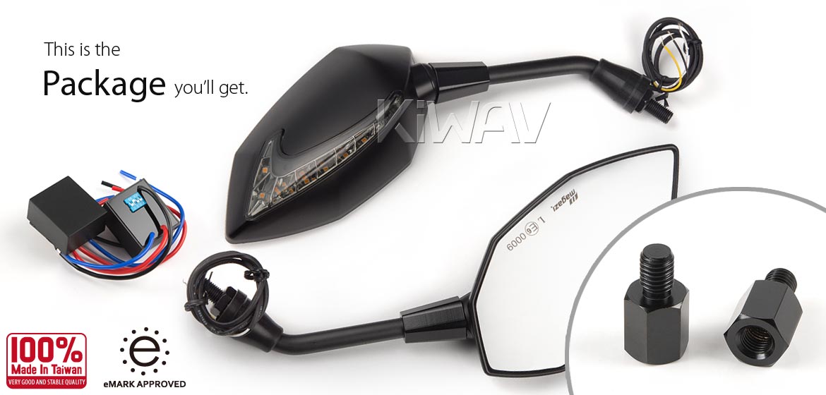 KiWAV Oi & Lucifer black LED neat stem motorcycle mirrors for BMW