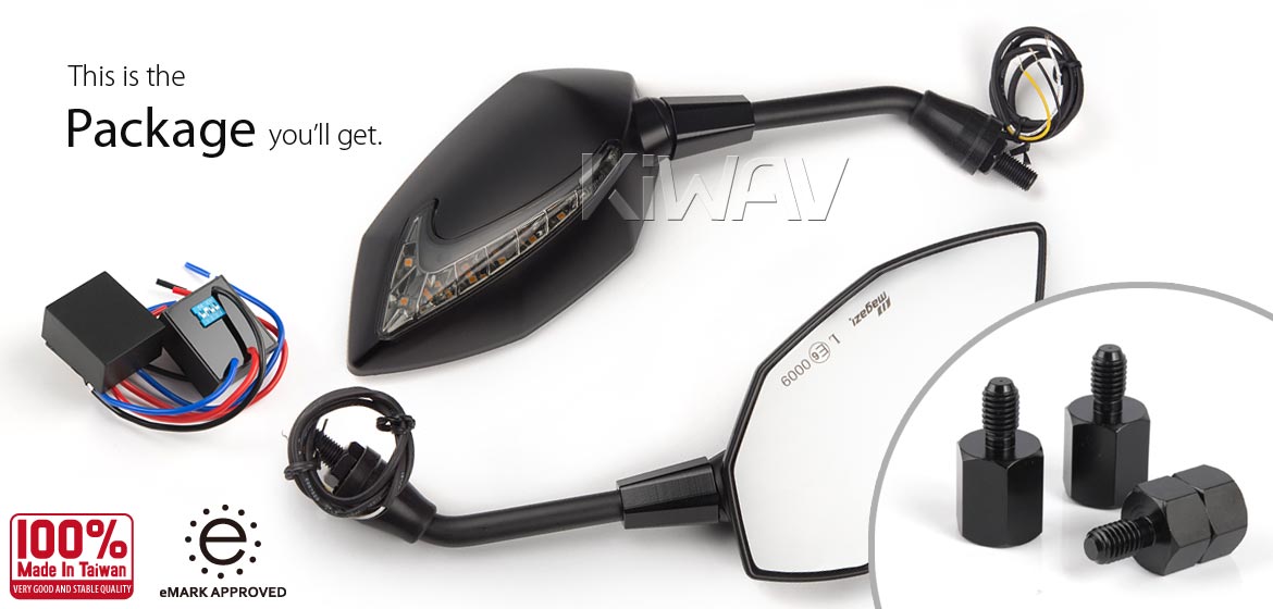 KiWAV Oi & Lucifer black LED neat stem motorcycle mirrors for scooter
