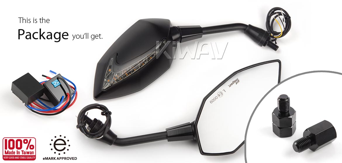 KiWAV Oi & Lucifer black LED neat stem motorcycle mirrors for Yamaha