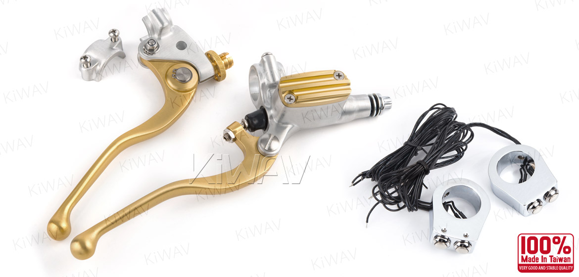KiWAV Vintage hand control with mechanical clutch & hydraulic brake for 1 inch handlebar silver-gold w/chrome switches