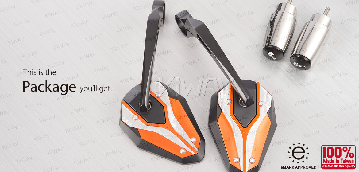 KiWAV motorcycle bar end mirrors ViperII orange with heavy weights for 6mm thread inside