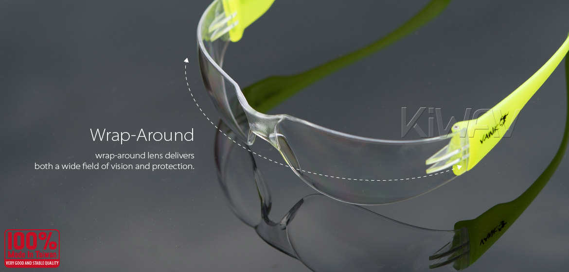 KiWAV Contemporary safety glasses VA780 neon yellow frame clear lens
